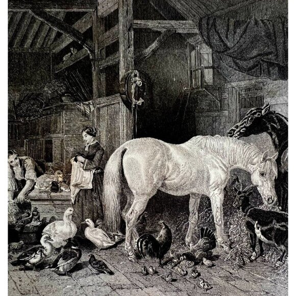 The Homestead Steel Engraving 1859 Victorian Women In Stable With Animals DWY5C